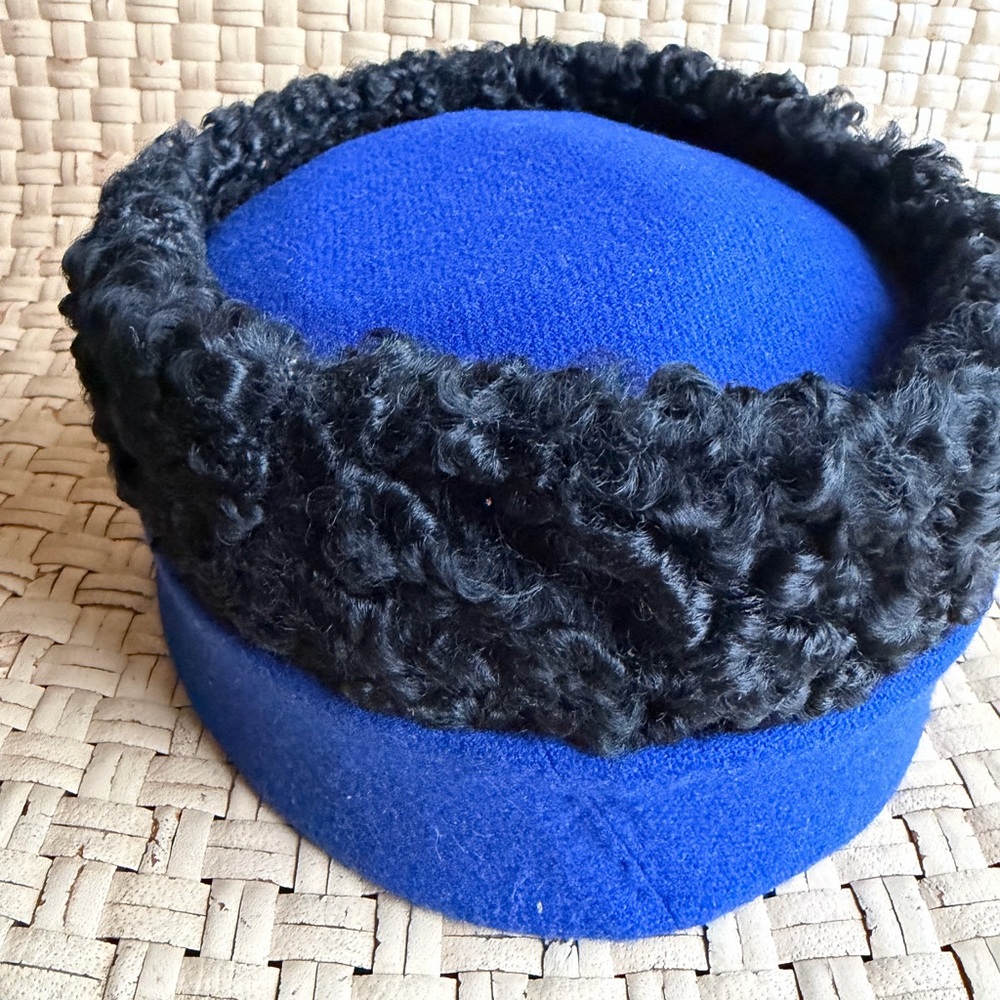 Vintage Blue Hat with Black Lambswool Fur Trim